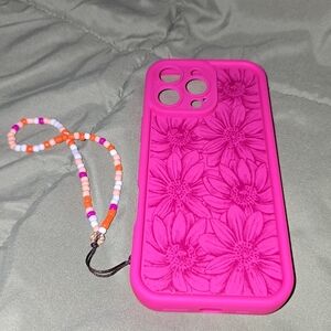 Floral Pink iPhone 16 Pro Max Case with Beaded Strap